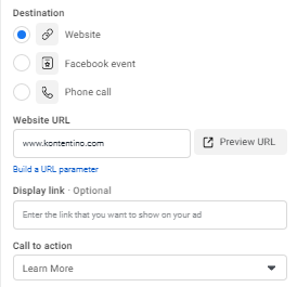 Facebook Ad destination pick