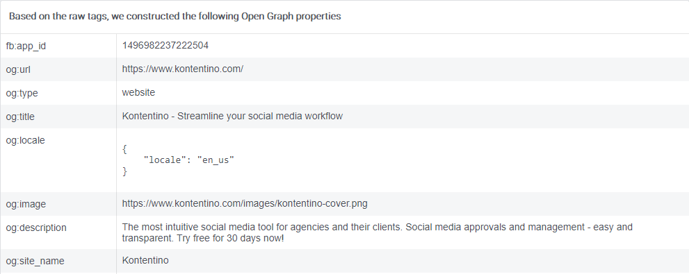 Selected Open Graph Properties in the Facebook Link Debugger